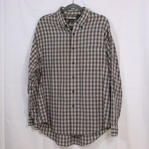 Van Heusen Button Down Shirt Mens L Black White Tan Plaid Long Sleeve Casual